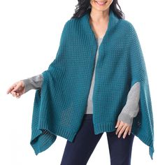 Presented by Ying and Joy of Thailand, this chic ruana wraps you in warmth. The shawl is knit from cotton in a solid teal color, featuring a lovely textured pattern. Knit Shawl Wrap For Winter, Winter Knit Wraps One Size, Winter Knit Shawl Wrap, Knitted Shawl Wrap For Fall, Ruana Wrap, Cotton Shawl, Petite Fashion Tips, Gift Wrap Box, Teal Color