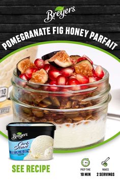 an advertisement for honey parfait with yogurt and fruit in a jar