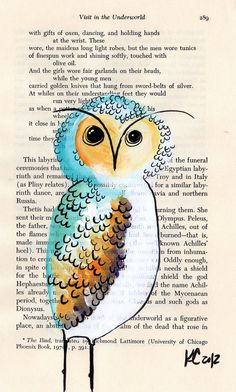 an owl is sitting on top of a book page with words written in the background