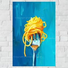 a painting of spaghetti on a blue background with a fork sticking out of the top