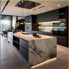 a modern kitchen with marble counter tops and black cabinets, along with an island in the middle