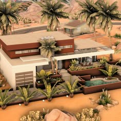 an artist's rendering of a modern house surrounded by palm trees and desert landscaping