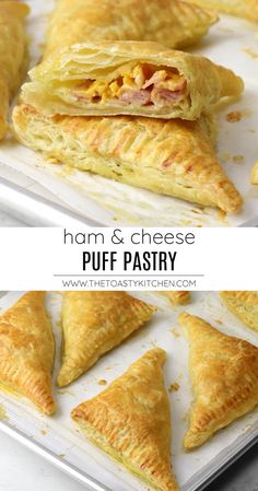 ham and cheese puff pastry on a baking sheet