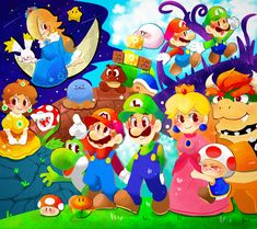 an image of mario and friends in the sky with other cartoon characters around them, all dressed up