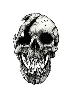 a black and white drawing of a skull with teeth