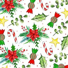 watercolor christmas seamless pattern with holly, candy canes and stars on white background