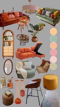 a collage of furniture and decor in shades of orange, pink, green, yellow