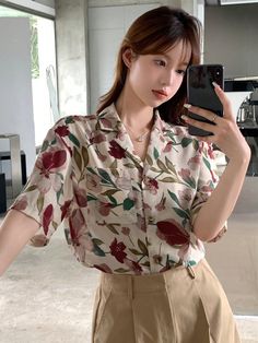 Floral Print Lapel Neck Shirt Multicolor Boho  Short Sleeve Woven Fabric Floral,All Over Print Shirt Non-Stretch  Women Clothing, size features are:Bust: ,Length: ,Sleeve Length: Pattern Shirt For Women, Floral Blouses For Women Casual, Flower Blouse Outfit, Shirt For Women Stylish, Oversized Shirt For Women, Corean Style, Style Inspo 2023, Tops Indian, Mermaid Clothes