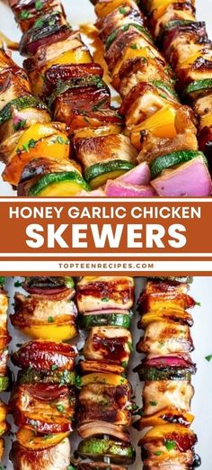 honey garlic chicken skewers with text overlay