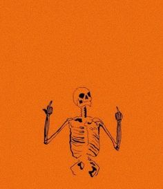 a drawing of a skeleton holding a knife and fork in it's left hand