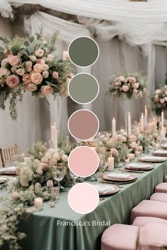 the table is set with pink and green flowers, candles, and greenery on it