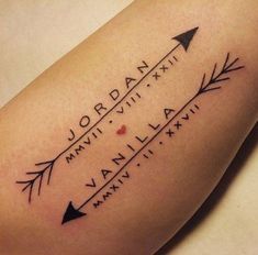 an arrow tattoo on the arm that says jorvan and viviiia