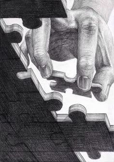 a pencil drawing of someone's hand holding a piece of jigsaw puzzle