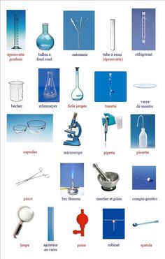 an image of different types of laboratory equipment in blue and white colors, including beakles, spoons, measuring cups, test tubes, flasks and other items