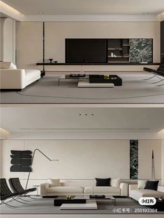 two pictures of a living room with couches, tables and television in the middle