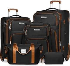 Expandable Softside Luggage Sets: 5 piece set includes 20" carry on suitcase, a 24" checked medium luggage, a 28" checked large luggage, a travel duffel bag and a toiletry bag, can be conveniently stored one into another. Expansion zipper that adds 25% more space (only for 24/28" suitcase and duffel bag)  Premium Suitcase Set: Soft shell luggage is crafted from premium quilted lightweight and durable 1680D polyester fabric exterior which resists stains and abrasions. Additionally, its anti-wear edge design ensures long-lasting usage, making it a reliable choice for all your travel needs Best Travel Luggage, Travel Luggage Set, Cute Suitcases, Travel Duffel Bag, Travel Duffel