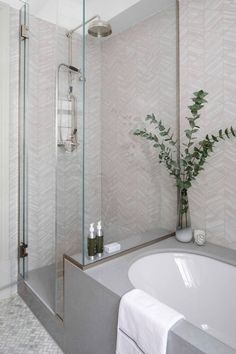 a bathroom with a bathtub, shower and plants