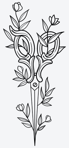 a black and white drawing of flowers with scissors in the middle, on a white background