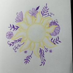 a drawing of a yellow and purple flower