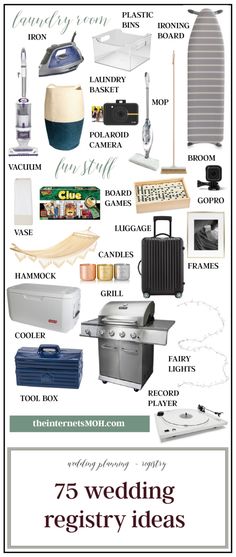 a poster with the words 75 wedding registry ideas on it and pictures of different types of items