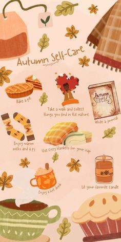 an autumn self - care poster with various items on it