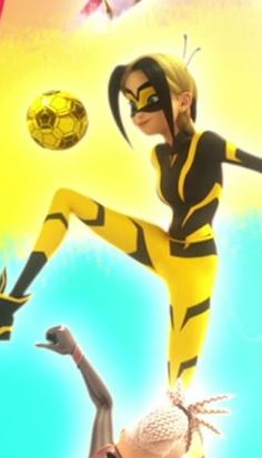 a woman in a yellow and black costume kicking a soccer ball up into the air