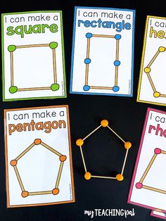 four cards with different shapes and words that say i can make a square, rectangle, and pentagon