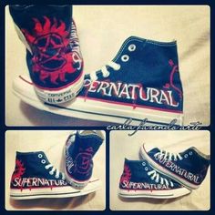 four different pictures of shoes with the words supernatural written in red and blue on them