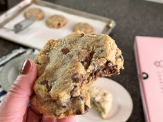 a person holding up a chocolate chip cookie