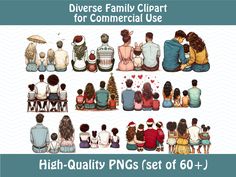 a group of people sitting next to each other in front of a white background with the words diverse family clipart for commercial use