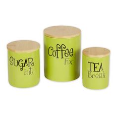 three green canisters with the words coffee fix written on one side and tea break in the other