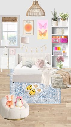 the bedroom is decorated in pastel colors