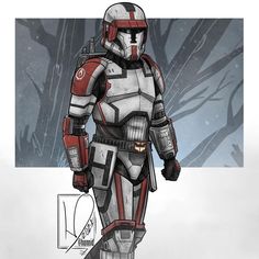 a star wars character is standing in front of a background with trees and snowflakes