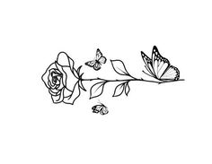 two butterflies flying over a rose and another butterfly on a branch with flowers in the foreground