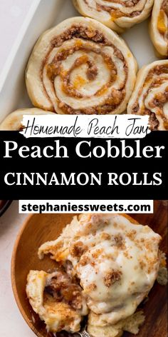 homemade peach cobbler cinnamon rolls in a wooden bowl