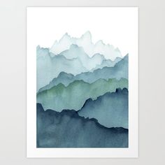 watercolor painting of mountains in blue and green tones on white paper with black ink