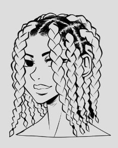 a black and white drawing of a woman with curly hair