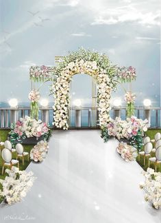 an outdoor wedding setup with flowers and chairs