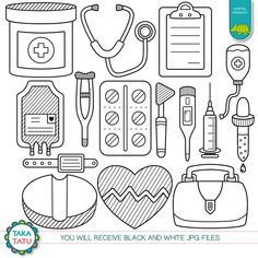 the medical icons are outlined in black and white for this coloring page, which is part of an adult's health kit