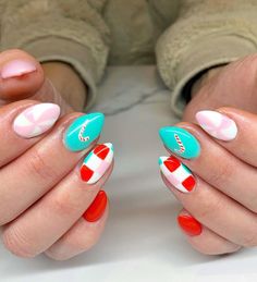 Preppy Christmas Nails Almond, Neon Holiday Nails, Fun Holiday Nails, Christmas Nails Fun, Gel Nails Ideas Christmas, Winter Nail Inspo 2024, Bright Holiday Nails, Bright Christmas Nails, Retro Christmas Nails