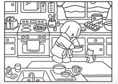 a black and white drawing of a woman cooking in the kitchen