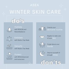 Make sure you're ready for the harsh winds and cold air this winter season. ASEA skin care products can help your skin stay hydrated and nourished*—from RENU28@ which hydrates and moisturizes your skin to RENUAdvanced® Skin and Body Care system which protects your skin barrier. There are plenty of common do's and don'ts during the cold winter months that ASEA skin care products are ready to help with. Take a look and get ready to step it up! Winter Skincare Tips, Skincare Story, Girly Hacks, Seasonal Skincare, Winter Skin Care Routine, Winter Skincare, Marketing Inspiration, Skin Aesthetics, Products Photography