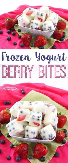 frozen yogurt with berries and blueberries in a bowl on a pink cloth