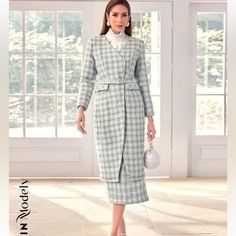 Women Tweed Jacket And Skirt Tailored Long Sleeve Tweed Dress For Winter, Winter Tweed Skirt Suit With Long Sleeves, Fall Tweed Long Sleeve Skirt Suit, Blue Long Sleeve Skirt Suit For Fall, Tweed Jacket And Skirt, Shein Jackets, Dress And Jacket, Coats Women, Tweed Dress