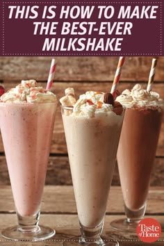 three glasses filled with milkshakes on top of a wooden table