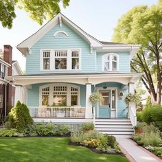 a blue house with white trim on the front porch and steps leading up to it