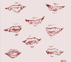 several different types of mouths drawn in red and black ink on a light pink background