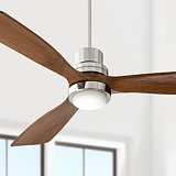 a ceiling fan with two wooden blades and a white light on the top of it