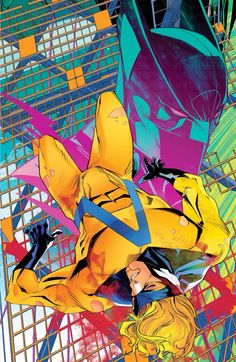 an illustration of a woman laying on the ground in front of some colorful shapes and lines