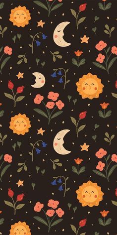 a black background with flowers and moon faces